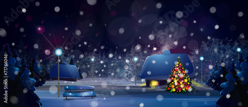 Vector winter night landscape with houses and Christmas tree.