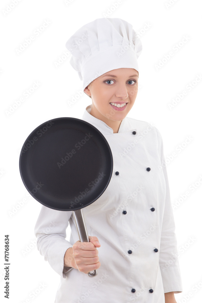 portrait of young woman in chef uniform with frying pan isolated portrait of young woman in chef uniform with frying pan isolated