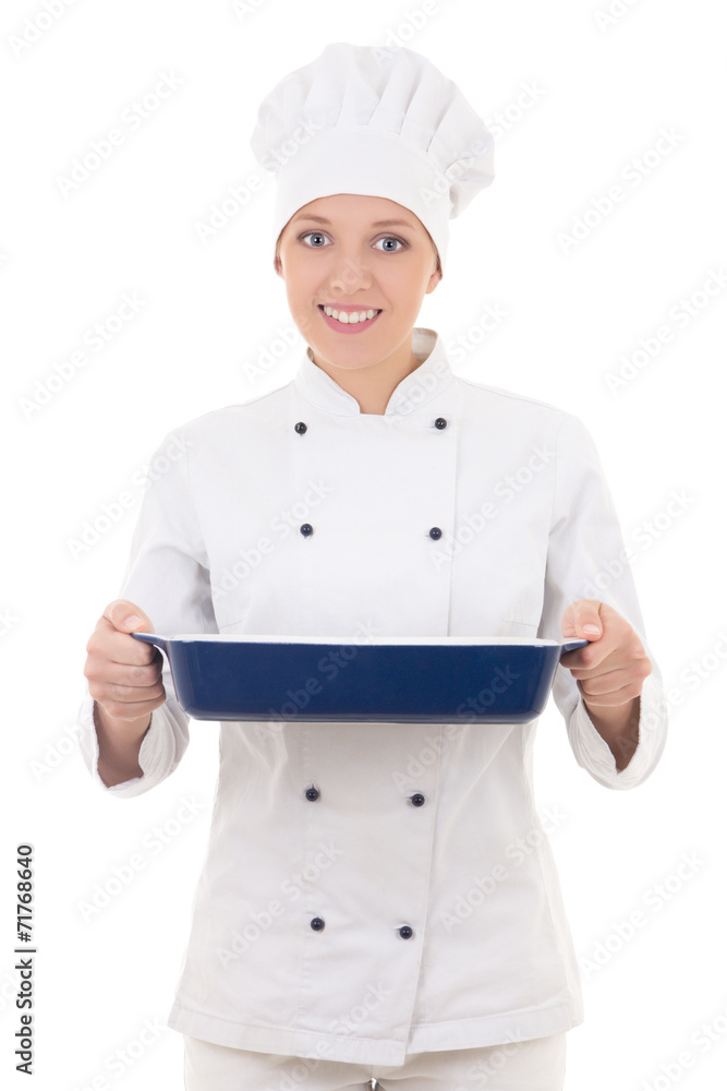 happy young woman in chef uniform holding ceramic platter isolat happy young woman in chef uniform holding ceramic platter isolat