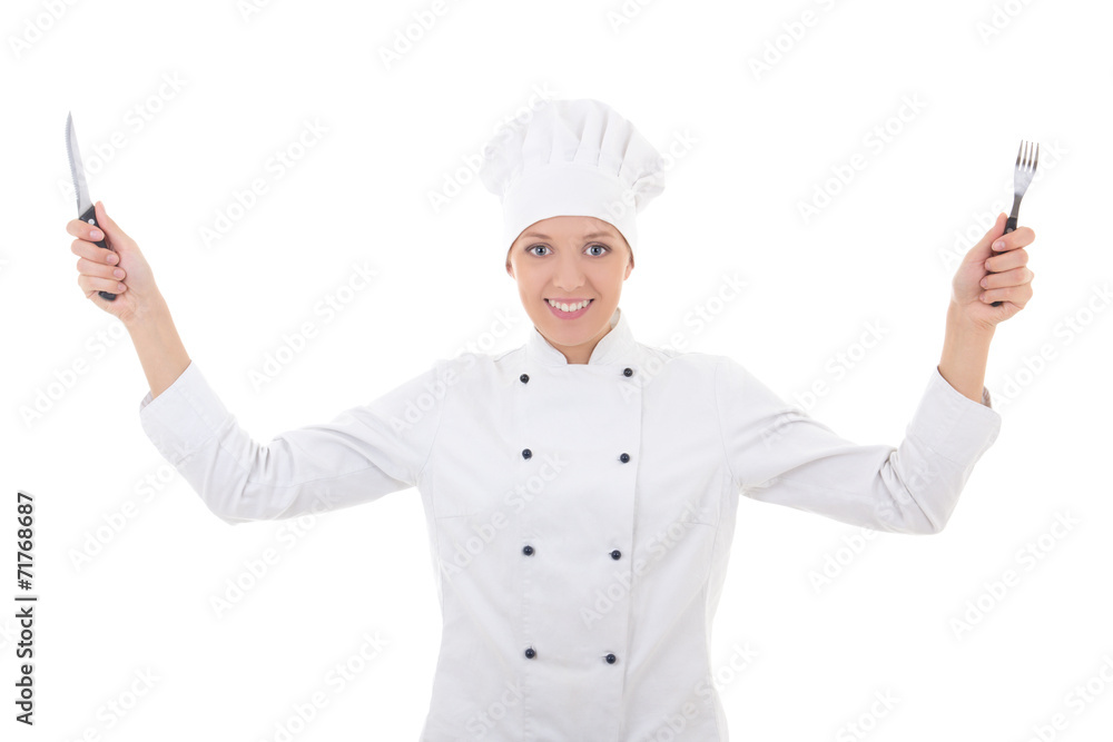 happy young woman in chef uniform with fork and knife isolated o happy young woman in chef uniform with fork and knife isolated o