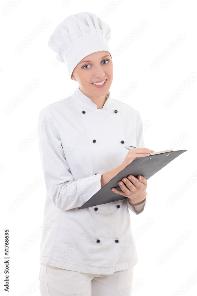 happy young woman in chef uniform writing something in clipboard happy young woman in chef uniform writing something in clipboard