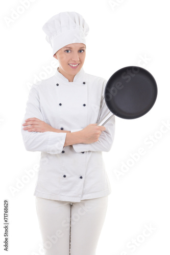 young woman in chef uniform with frying pan isolated on white