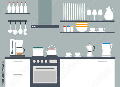 Kitchen interior, vector illustriation with icons