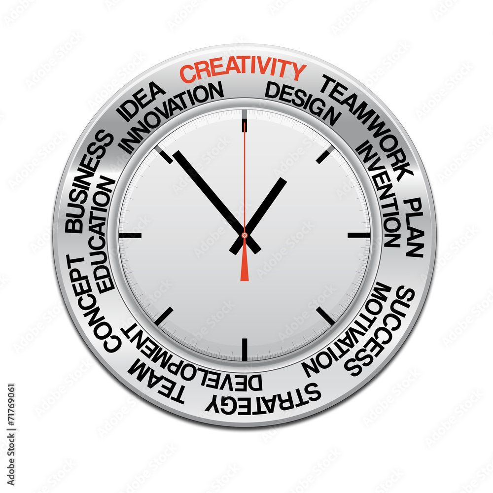 icon clock , red arrow specifies in a word creativity