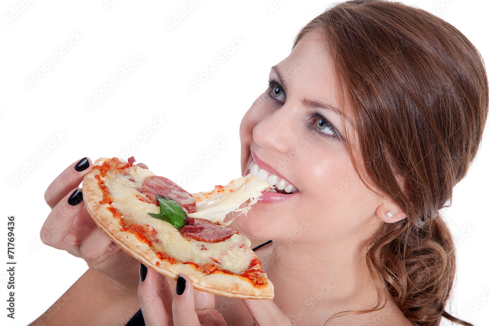 Frau Gesicht isst Pizza Nahaufnahme Frau Gesicht isst Pizza Nahaufnahme
