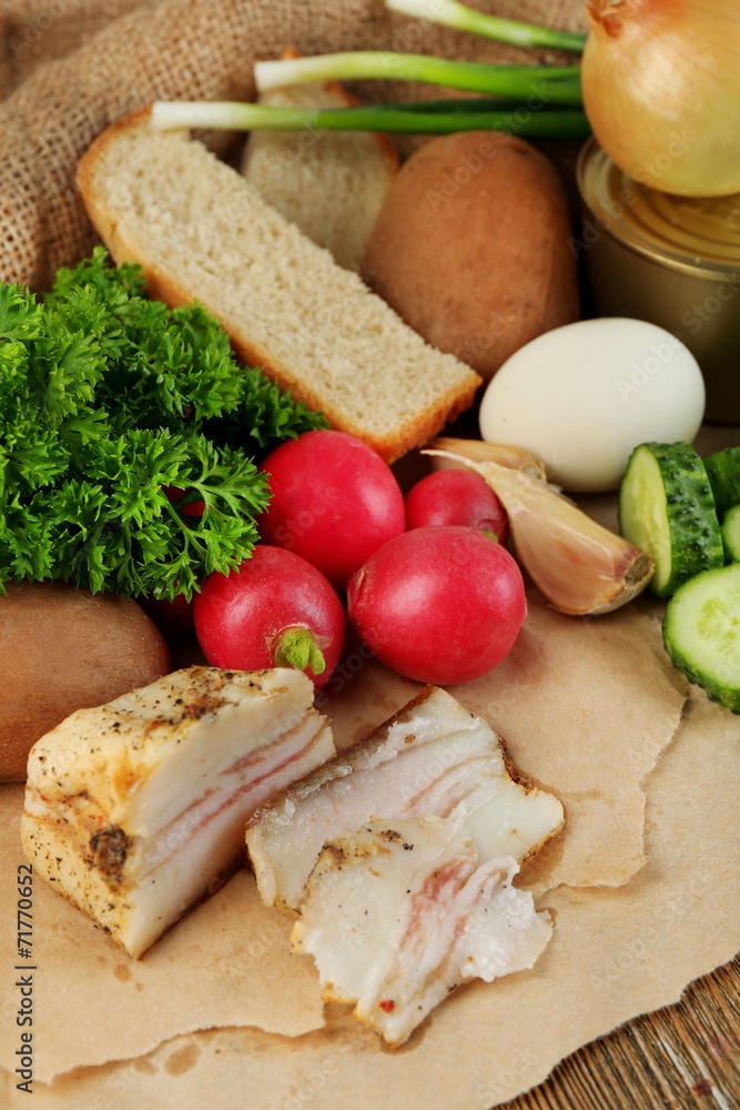 Bacon, fresh vegetables, boiled egg and bread Bacon, fresh vegetables, boiled egg and bread