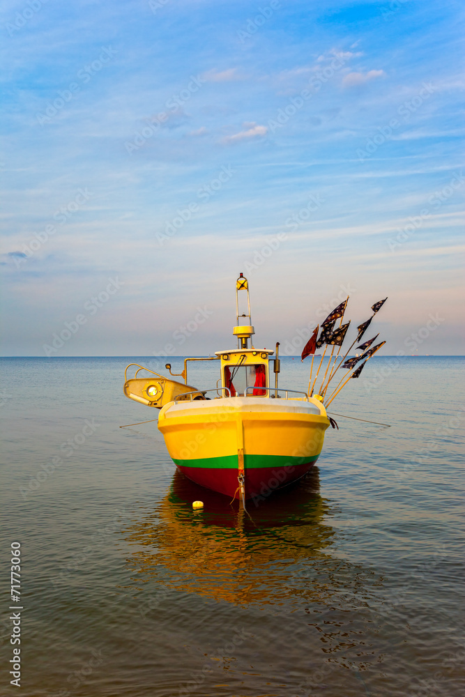 Fototapeta premium Lonely boat at sea in Sopot, Poland.