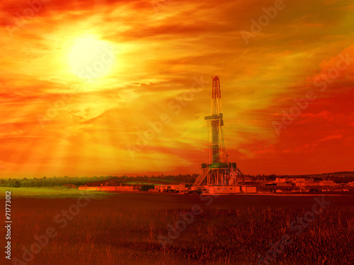 Shale gas drilling with sunrise in Lublin, Poland. photo