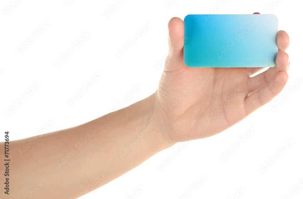 Man hand hold card isolated on white