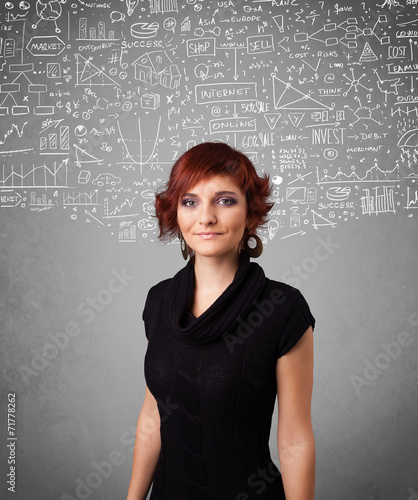 Young pretty lady with hand drawn calculations and icons