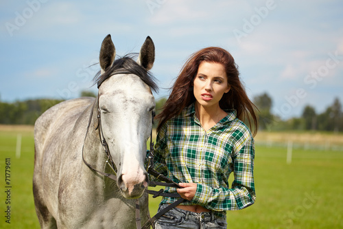 portrait beautiful woman long hair next horse © ZoomTeam