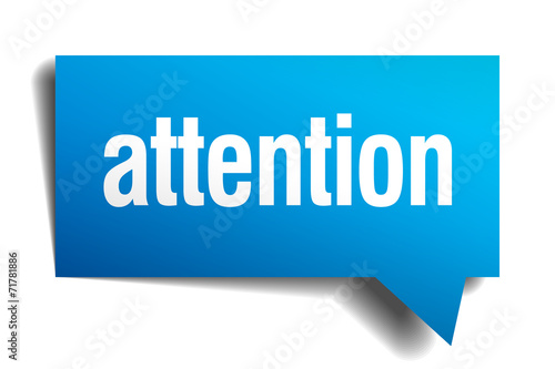 attention blue 3d realistic paper speech bubble