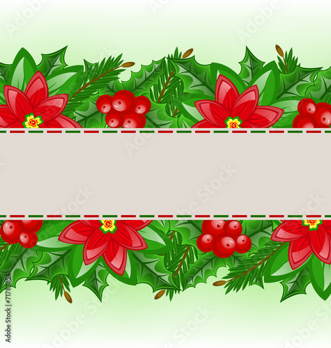Christmas card with holly berry and poinsettia