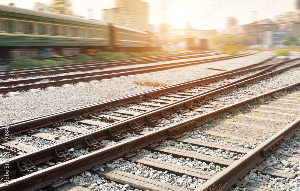 Cargo train platform at sunset with container Cargo train platform at sunset with container