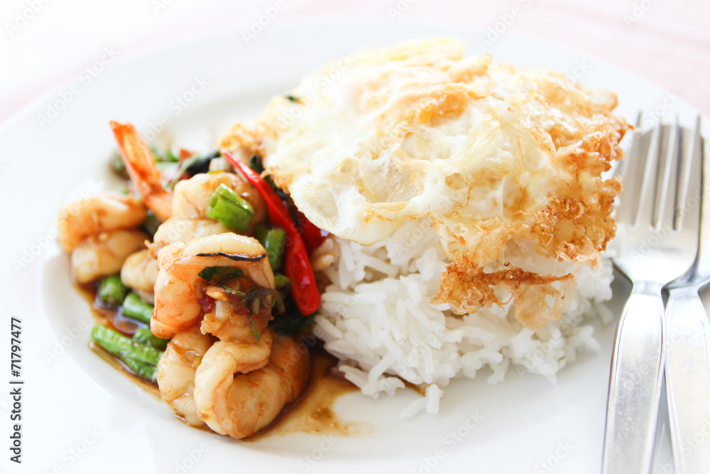fried basil leave with seafood and white rice fried basil leave with seafood and white rice