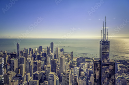 Sunrise over Chicago financial district- aerial view