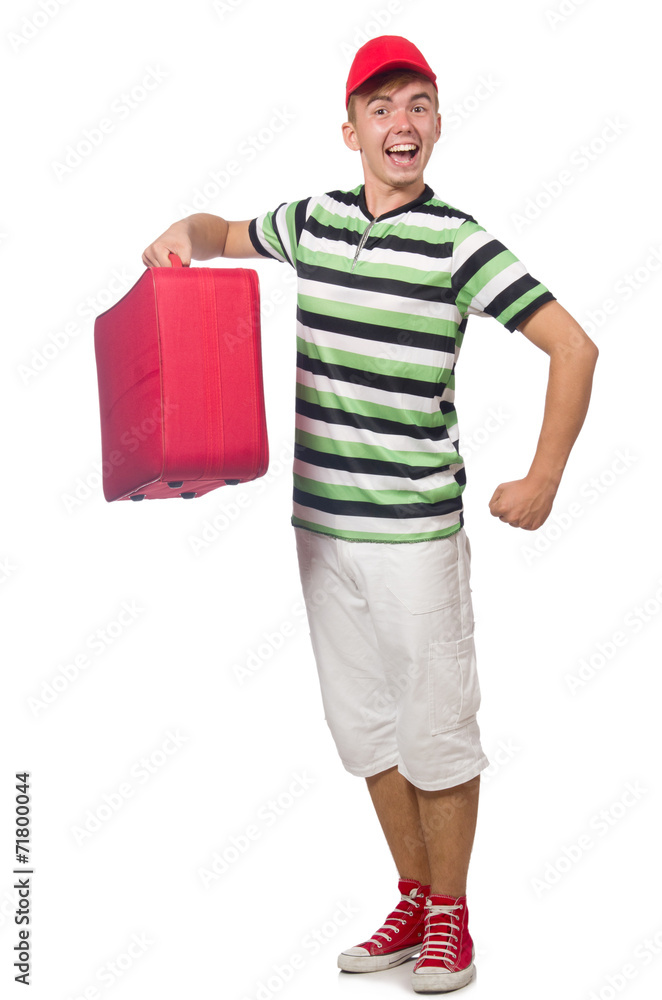 Funny man with suitcase isolated on white