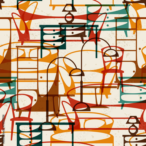Interior seamless pattern with furniture in retro style.