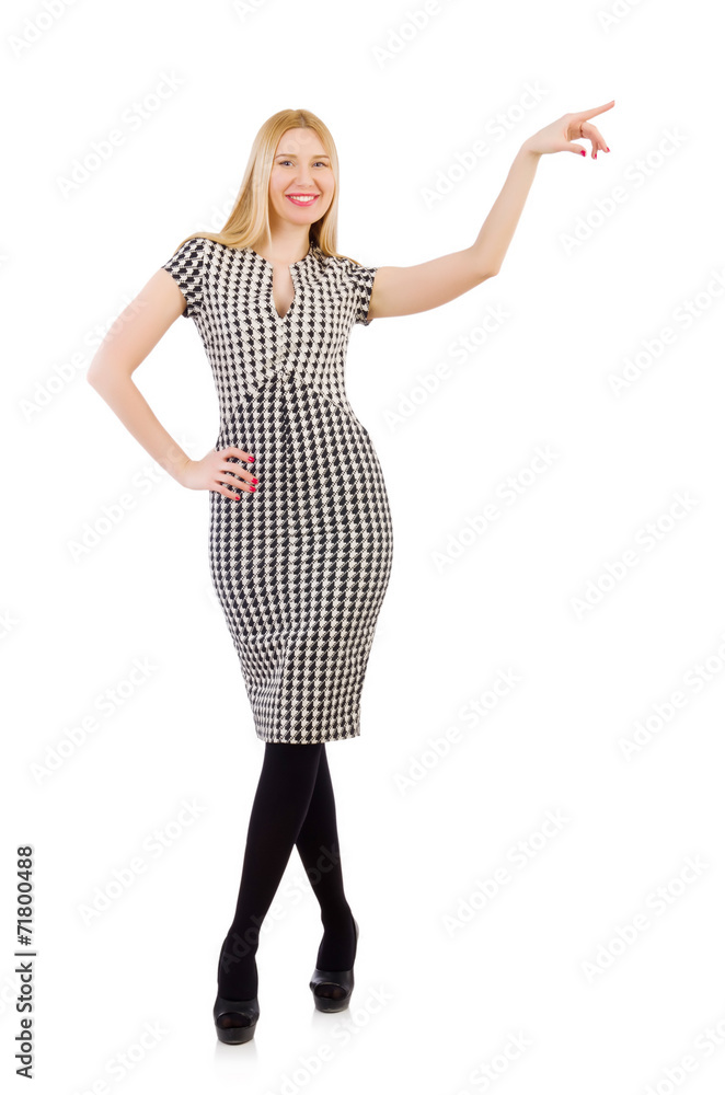 Woman pressing virtual button isolated on white Woman pressing virtual button isolated on white