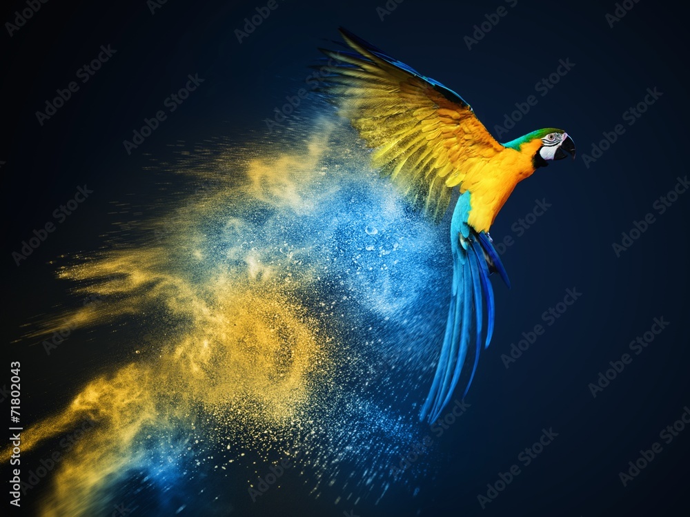 Obraz premium Latająca papuga Ara na wybuch kolorowy proszek