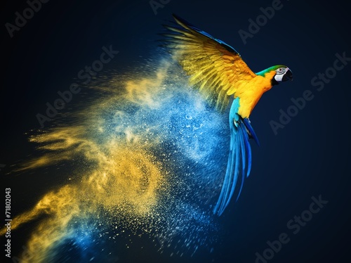 Fotografia Flying Ara parrot over colourful powder explosion