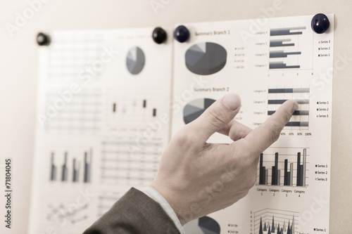 Businessman pointing to flip board with chart in office