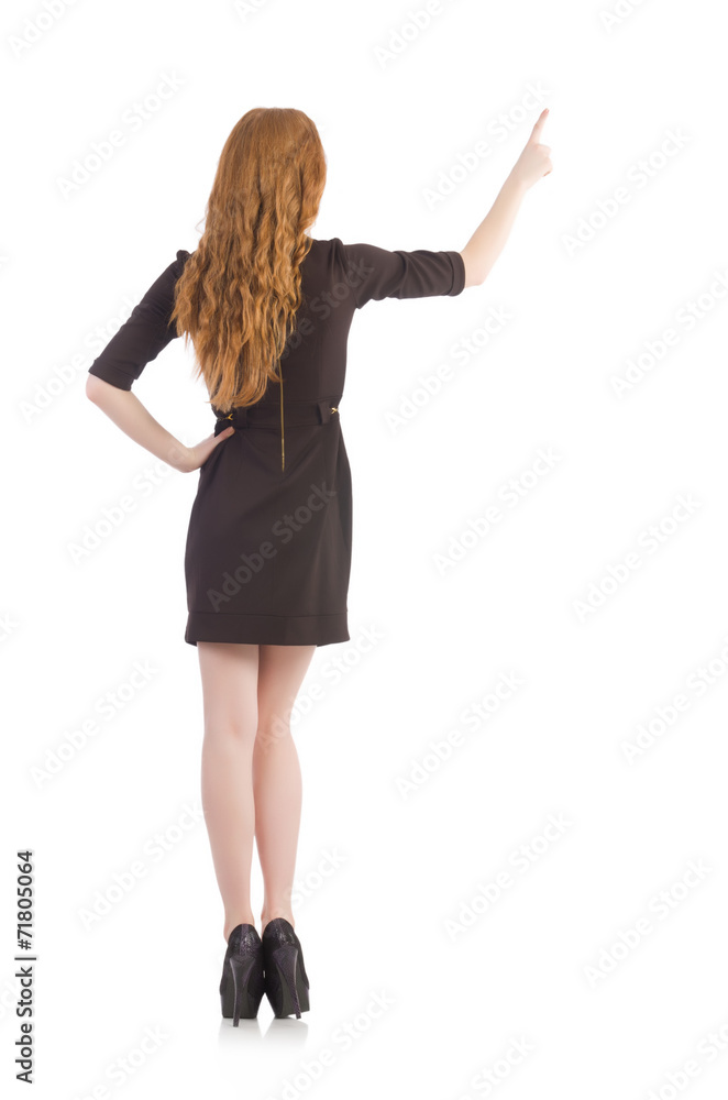 Woman pressing virtual button isolated on white Woman pressing virtual button isolated on white