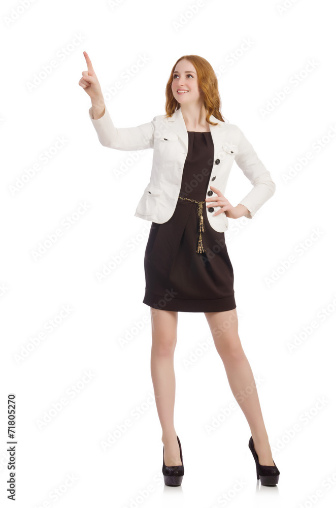 Woman pressing virtual button isolated on white Woman pressing virtual button isolated on white