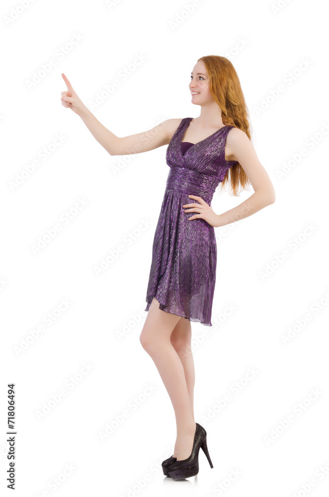 Woman pressing virtual button isolated on white Woman pressing virtual button isolated on white