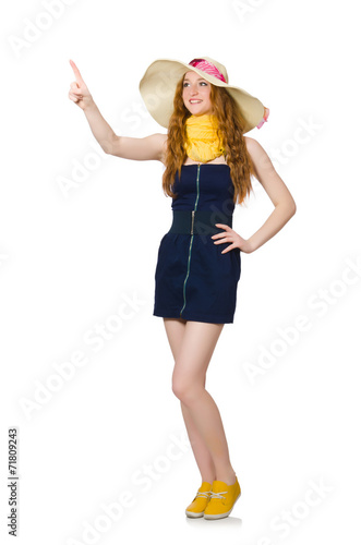 Woman pressing virtual button isolated on white