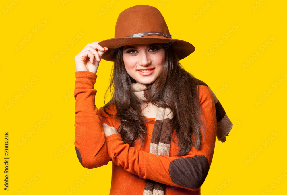 Style brunette girl on yellow background. Style brunette girl on yellow background.