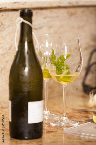 White Wine Bottle with Two Wine Glasses