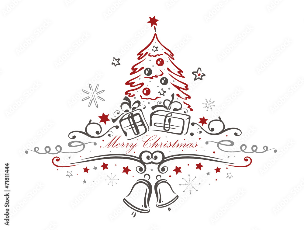 Weihnachten, Weihnachtsbaum mit Glocken und Geschenken.  - obrazy, fototapety, plakaty 