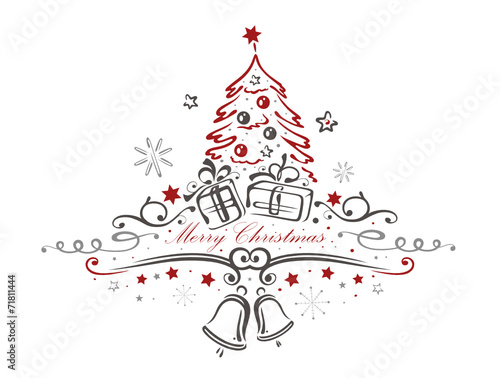 Weihnachten, Weihnachtsbaum mit Glocken und Geschenken. 