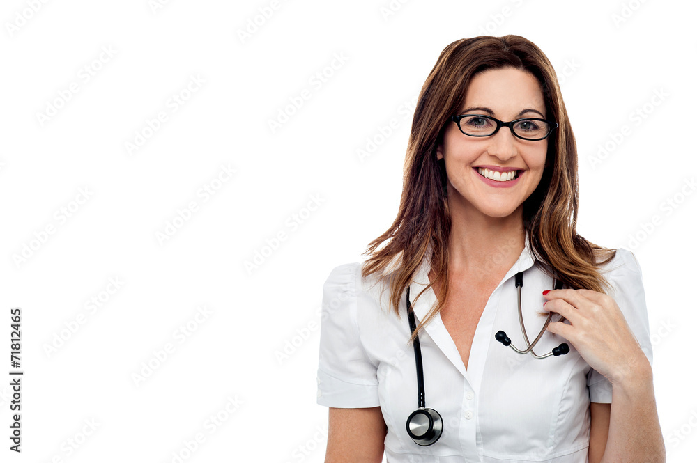 Smiling female doctor, isolated over white Smiling female doctor, isolated over white