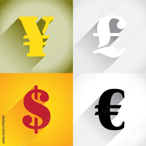 Euro, Dollar, Pound and Yen in flat style