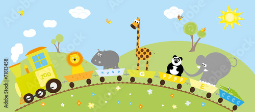 Fototapeta Naklejka Na Ścianę i Meble -  animals train, birds and hills - vector illustration