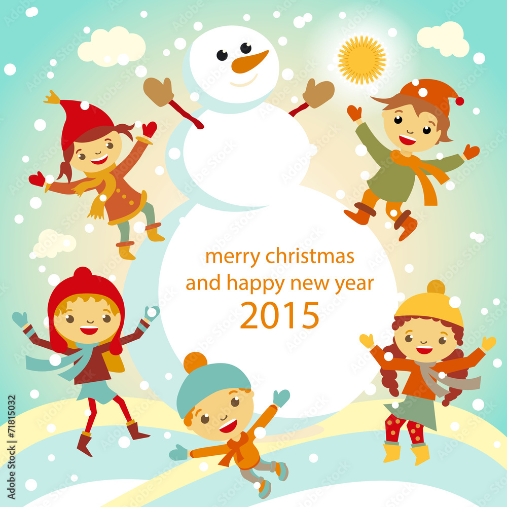 Christmas Greeting Card Kids, Snow and Snowman vector Christmas Greeting Card Kids, Snow and Snowman vector