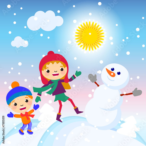Kids making a snowman on a sunny day vector illustration