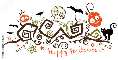 Halloween Ranke mit Kürbis, Totenkopf, schwarzer Katze und Fledermäusen