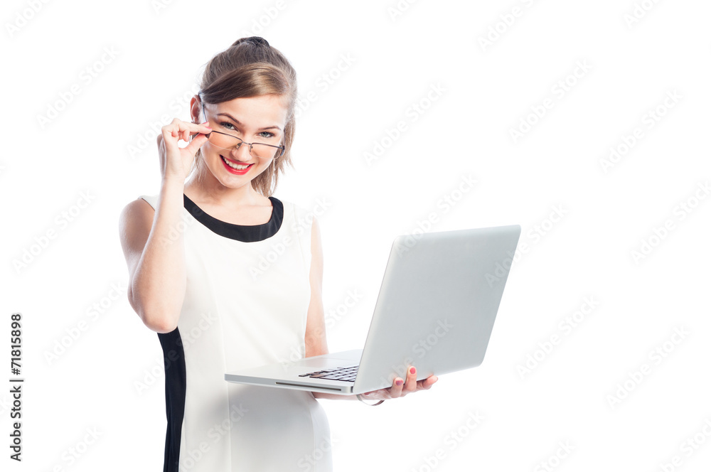 Smart business woman with glasses holding laptop. Smart business woman with glasses holding laptop.