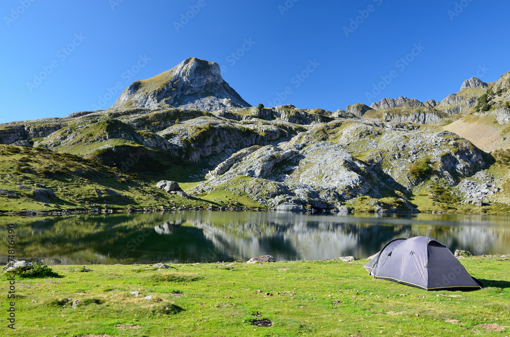 Camp at the mountain lake Roumassot