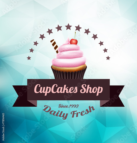 Cupcake with label over polygonal background