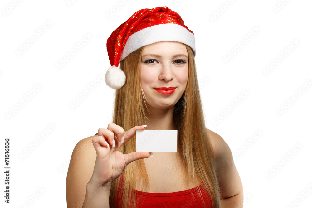 Young woman in santa claus hat with christmas card Young woman in santa claus hat with christmas card