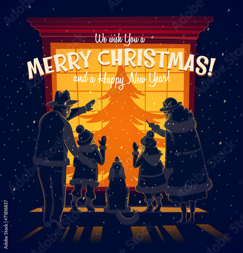 Family standing in front of a shop window. Christmas card
