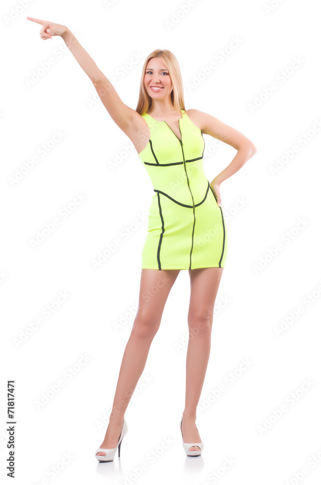 Woman pressing virtual button isolated on white Woman pressing virtual button isolated on white