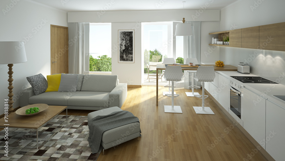rendering of a modern living room with open kitchen - obrazy, fototapety, plakaty 
