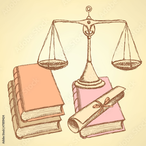 Sketch waage with books and scroll diploma