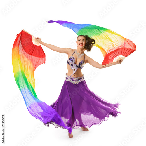Beautiful belly dancer with multicolor shawl isolated on white b