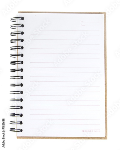 blank spiral notebook open on white background
